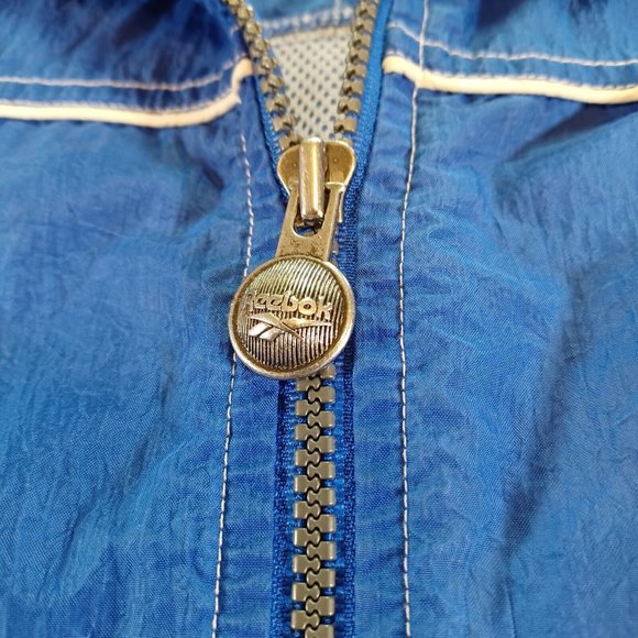 Vintage Reebok Men's Size L Spell Out Blue White Long Nylon Windbreaker Jacket - Picture 5 of 10